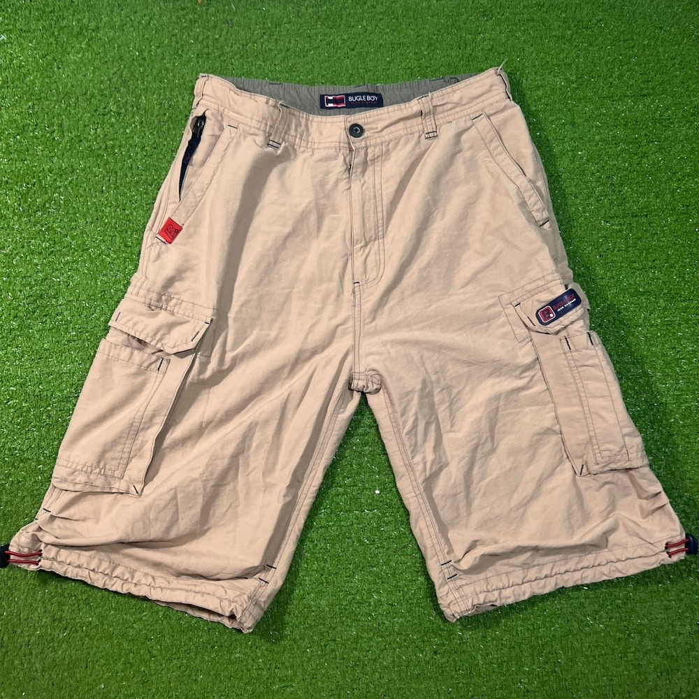Vintage Bugle Cargo Shorts 34 90s Messenger Long 12" Inseam Drawcord Hem Skater